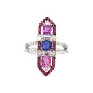 18K White Gold Diamond, Ruby, and Sapphire Ring with 1.09ctw Diamonds, 0.35ctw Rubies, and 1.70cts Pink and Blue Sapphires