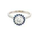 14K White Gold 7/8ctw Diamond and Sapphire Halo Engagement Ring with 0.71ct Center Diamond