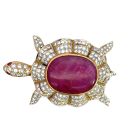 18K Yellow Gold 6.12ctw Diamond Turtle Brooch/Pendant with 44/1ctw Natural Cat's Eye Ruby